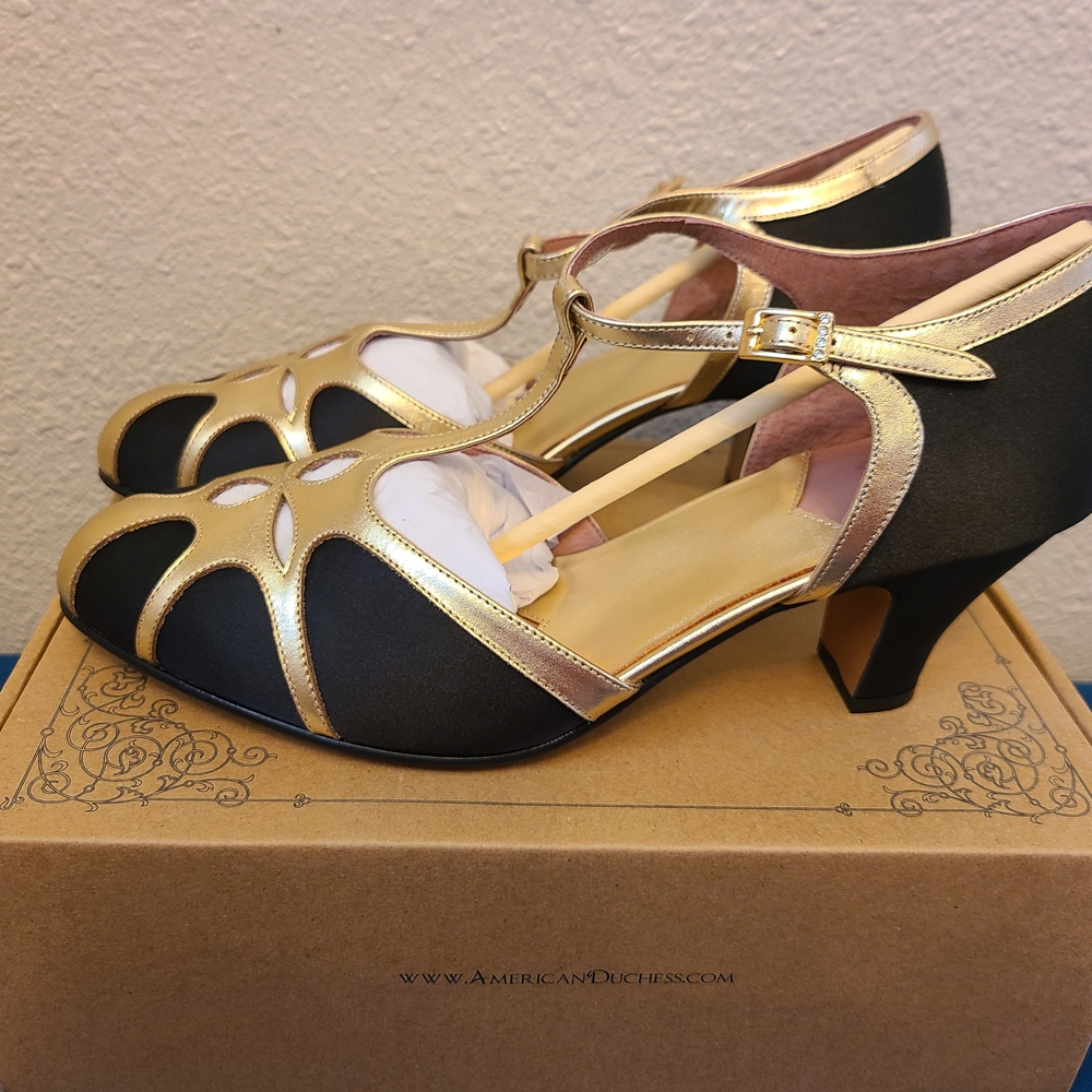 American Duchess Lilith Black/Gold Vintage Reproduction Heels Shoes Size 11 Wide